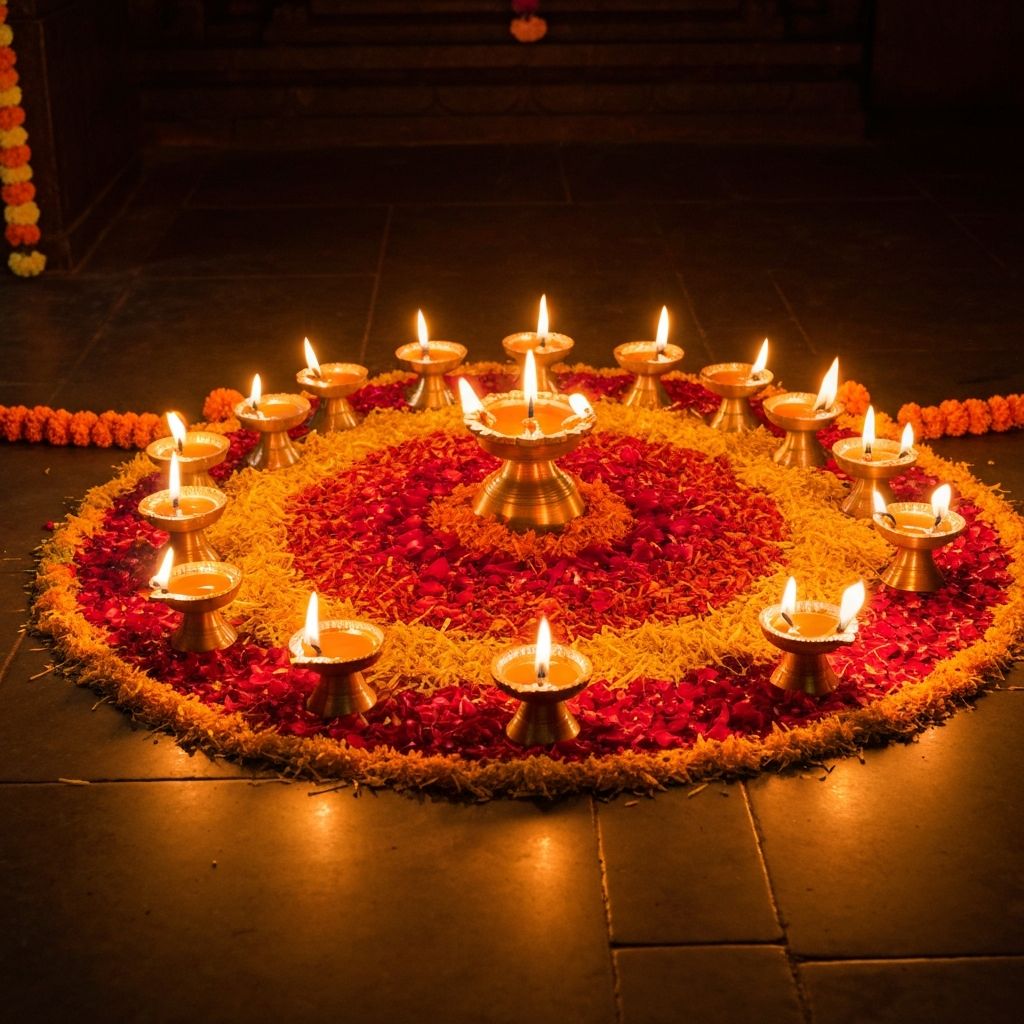 ఉదయాన్నే మందిరం ముందు వెలిగించిన దీపాలు