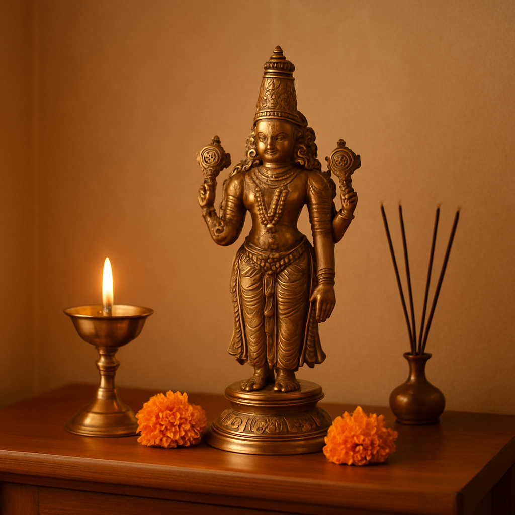 A brass Venkateswara murti set up for worship on a clean home shrine