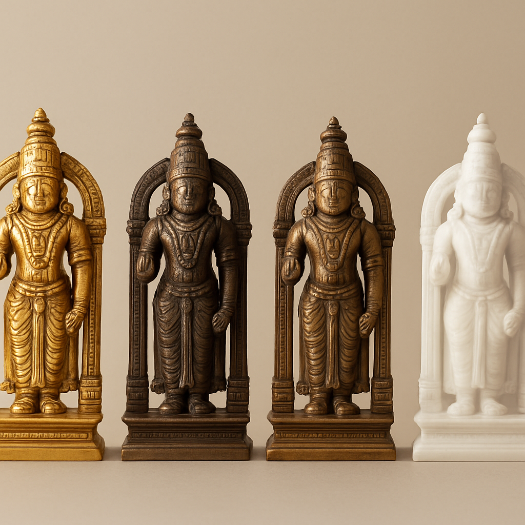 Venkateswara idols in brass, bronze, panchaloha, and marble shown side by side