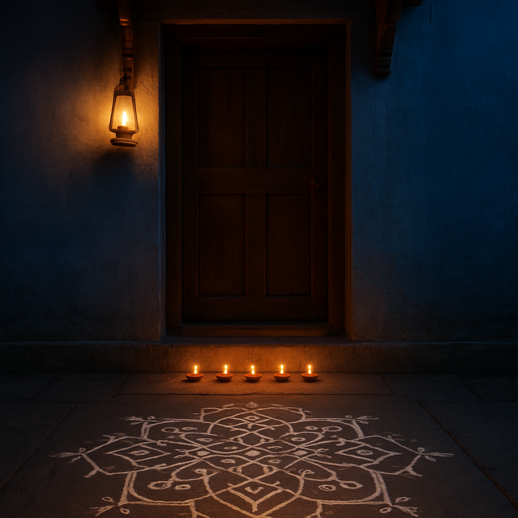A Margazhi doorway at dawn with kolam and lamps