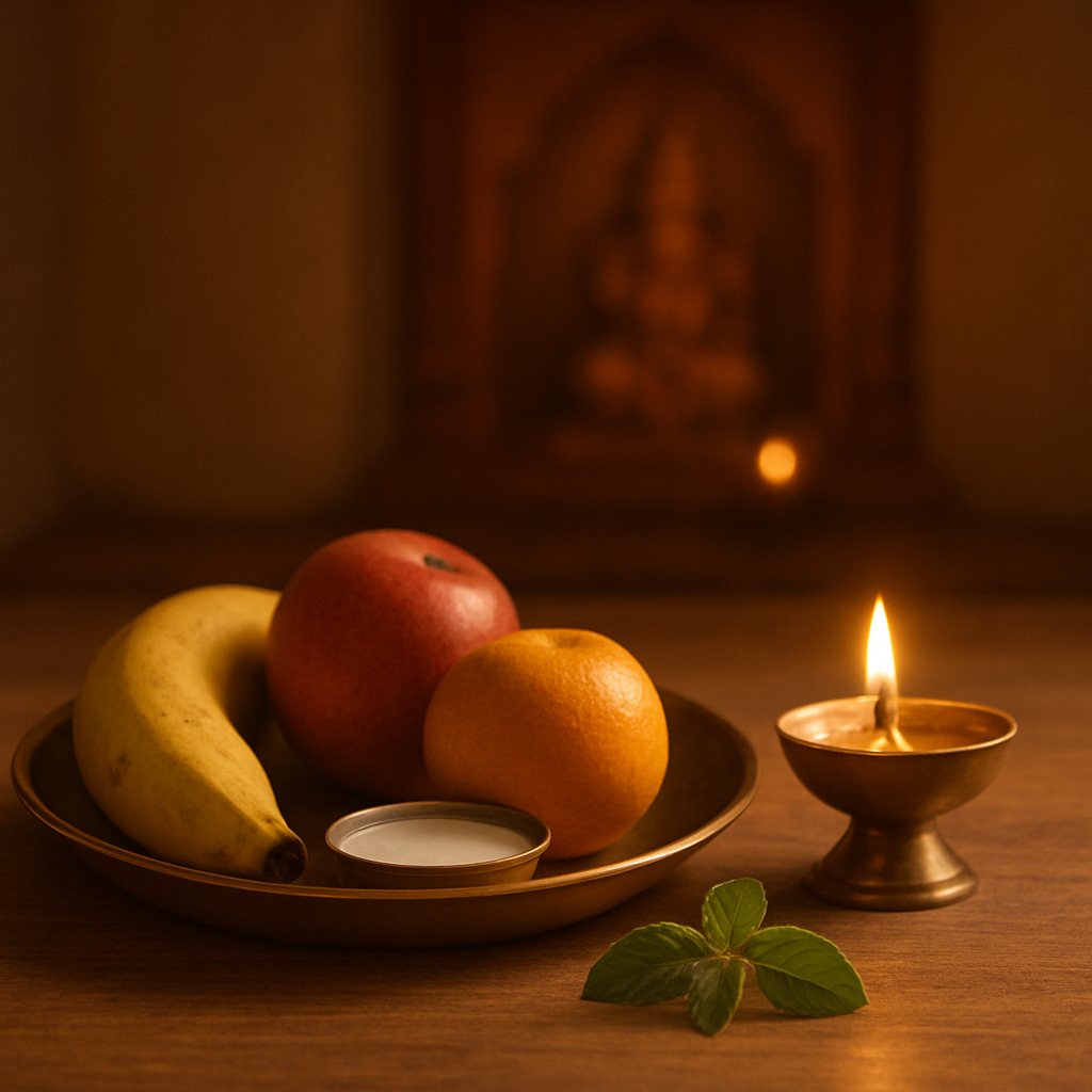 A simple Ekadashi fasting meal beside a lamp