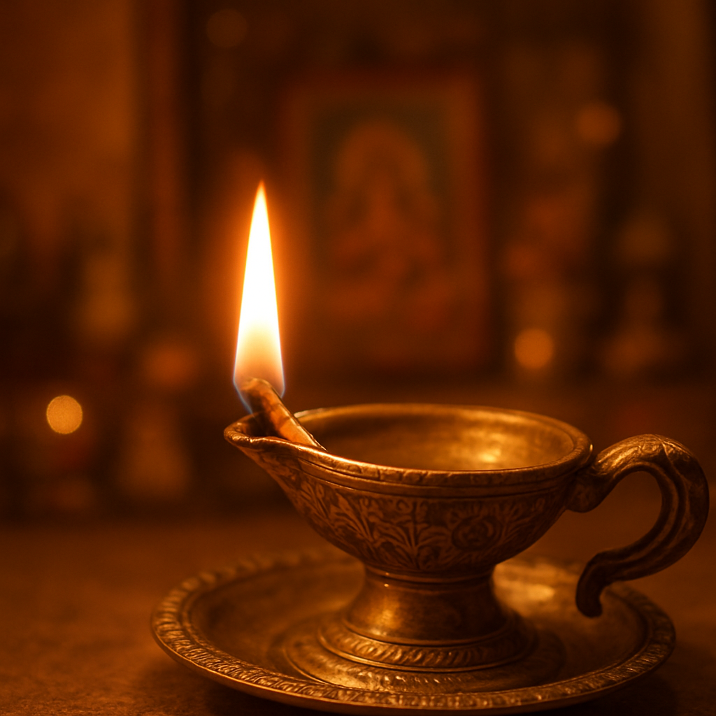 ஒளிரும் பருத்தித் திரியுடன் எரியும் பித்தளை எண்ணெய் விளக்கு