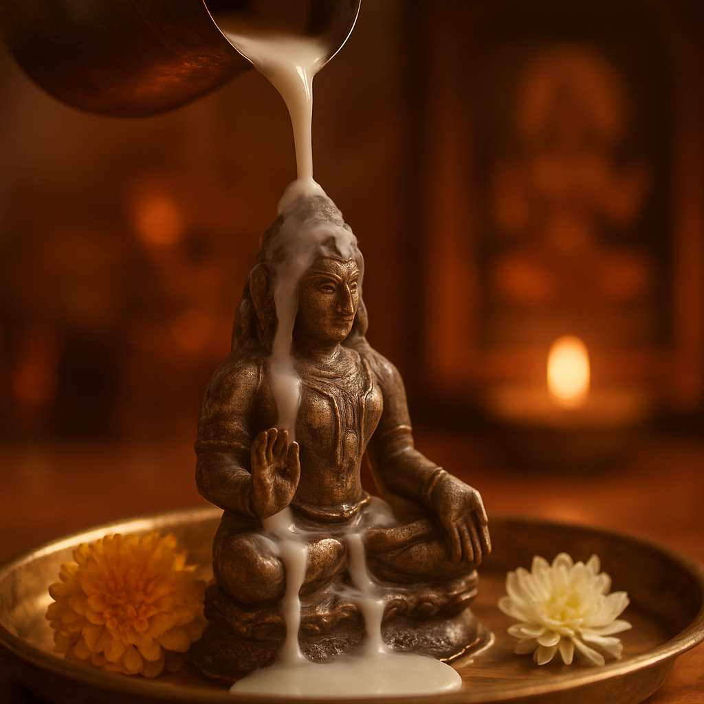 Milk poured over a small deity during a home abhishekam