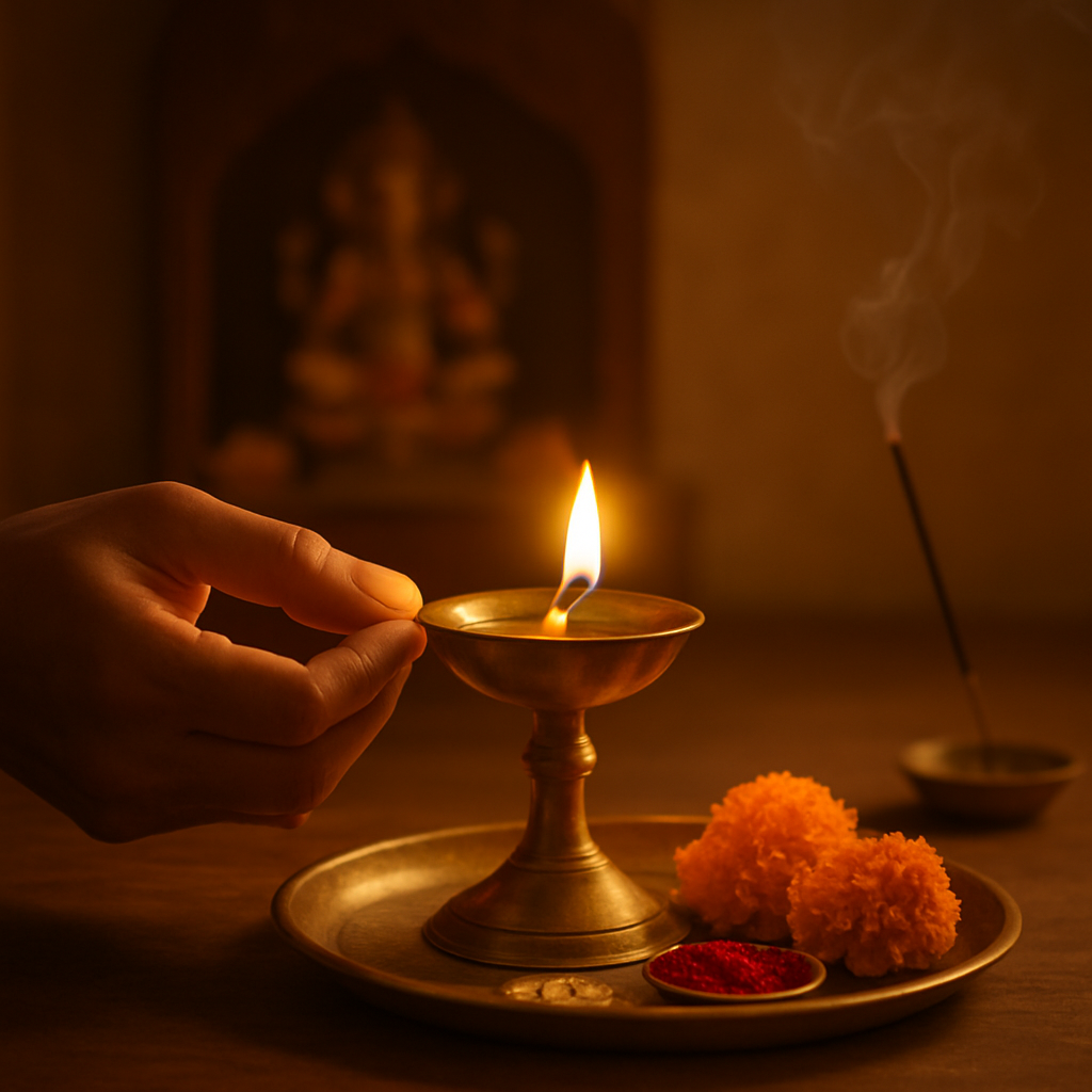 సరళ ఉదయ పూజ ప్రారంభించడానికి దీపం వెలిగించడం