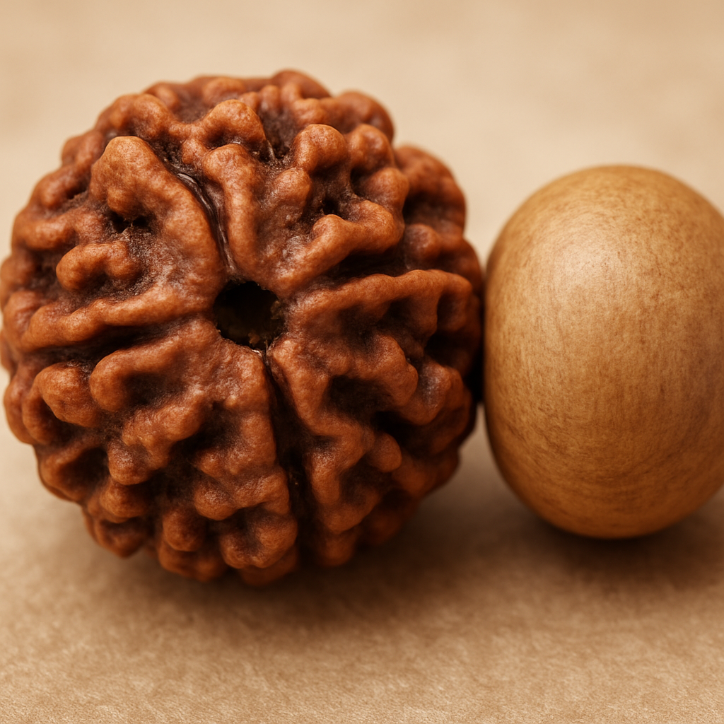 Close-up comparison of tulsi wood beads and faceted rudraksha beads