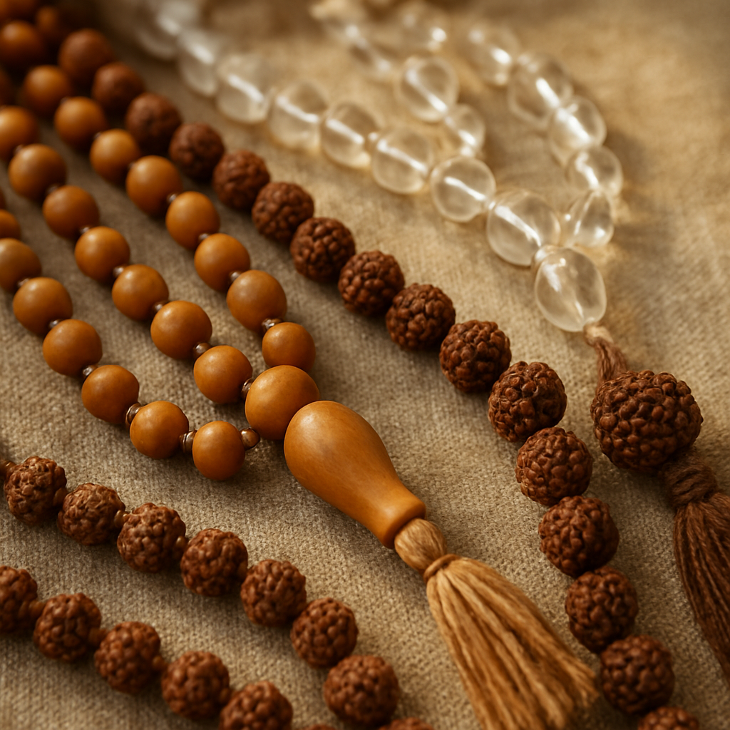 An assortment of tulsi, rudraksha, and crystal japa malas