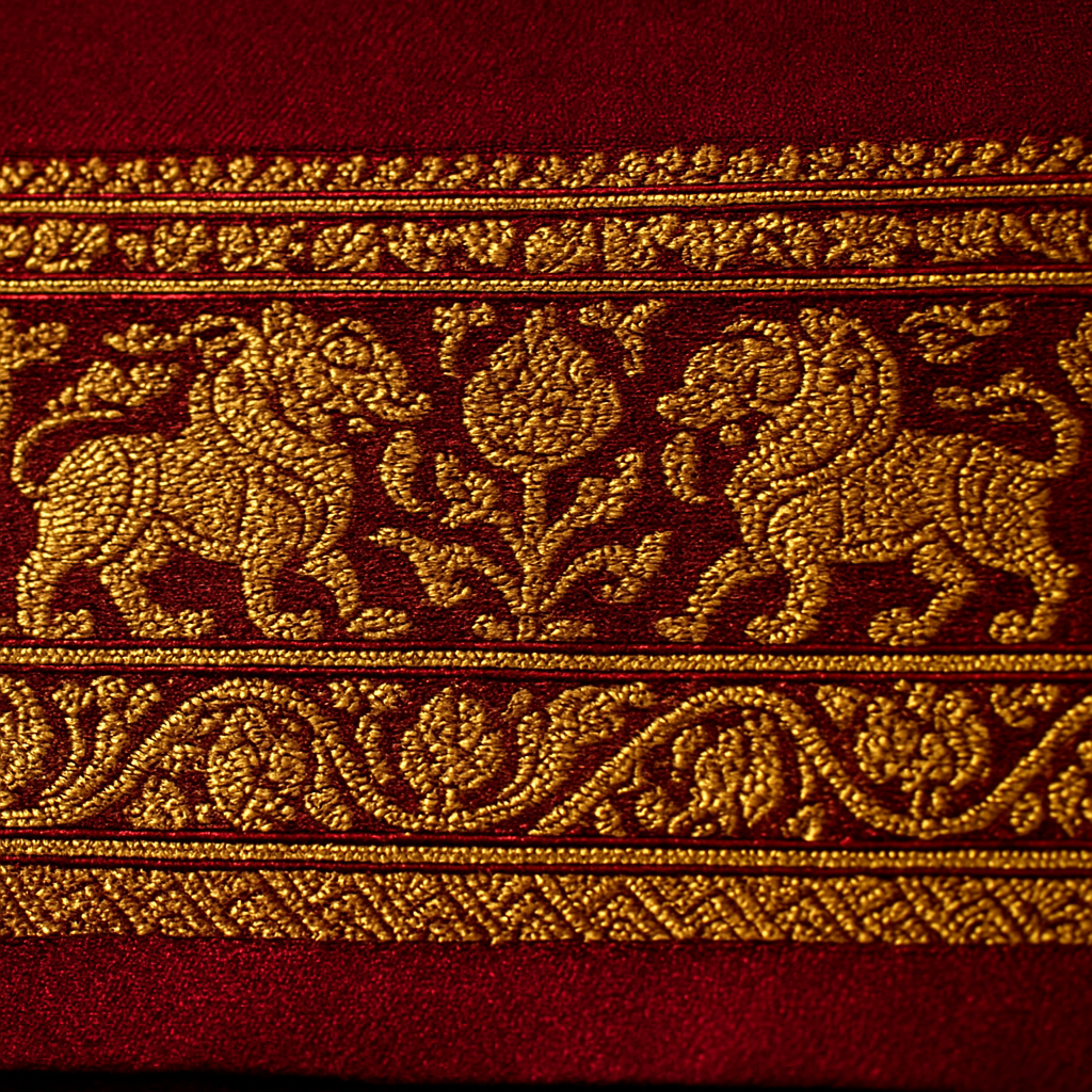 Close-up of a woven gold zari temple border on deep red silk