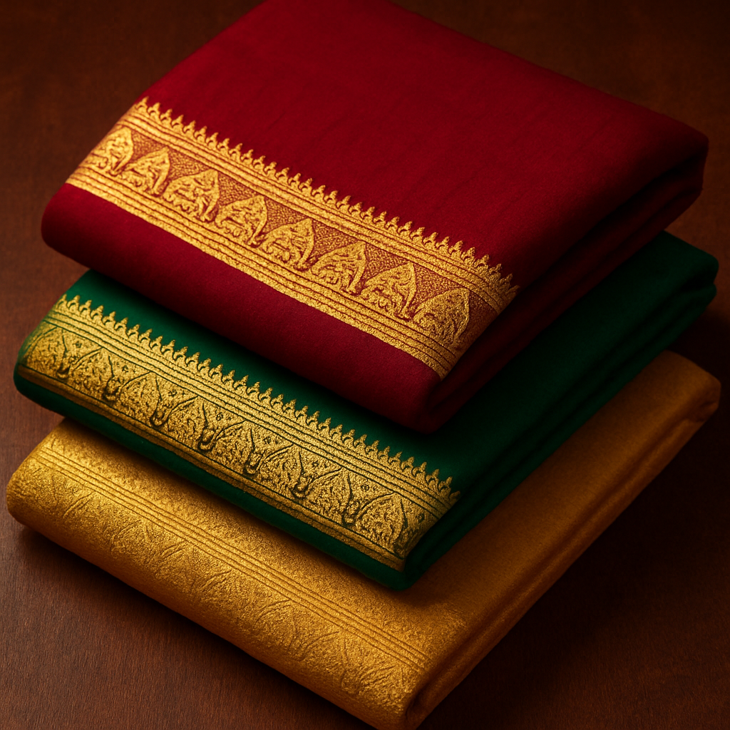 Folded silk sarees with gold zari borders