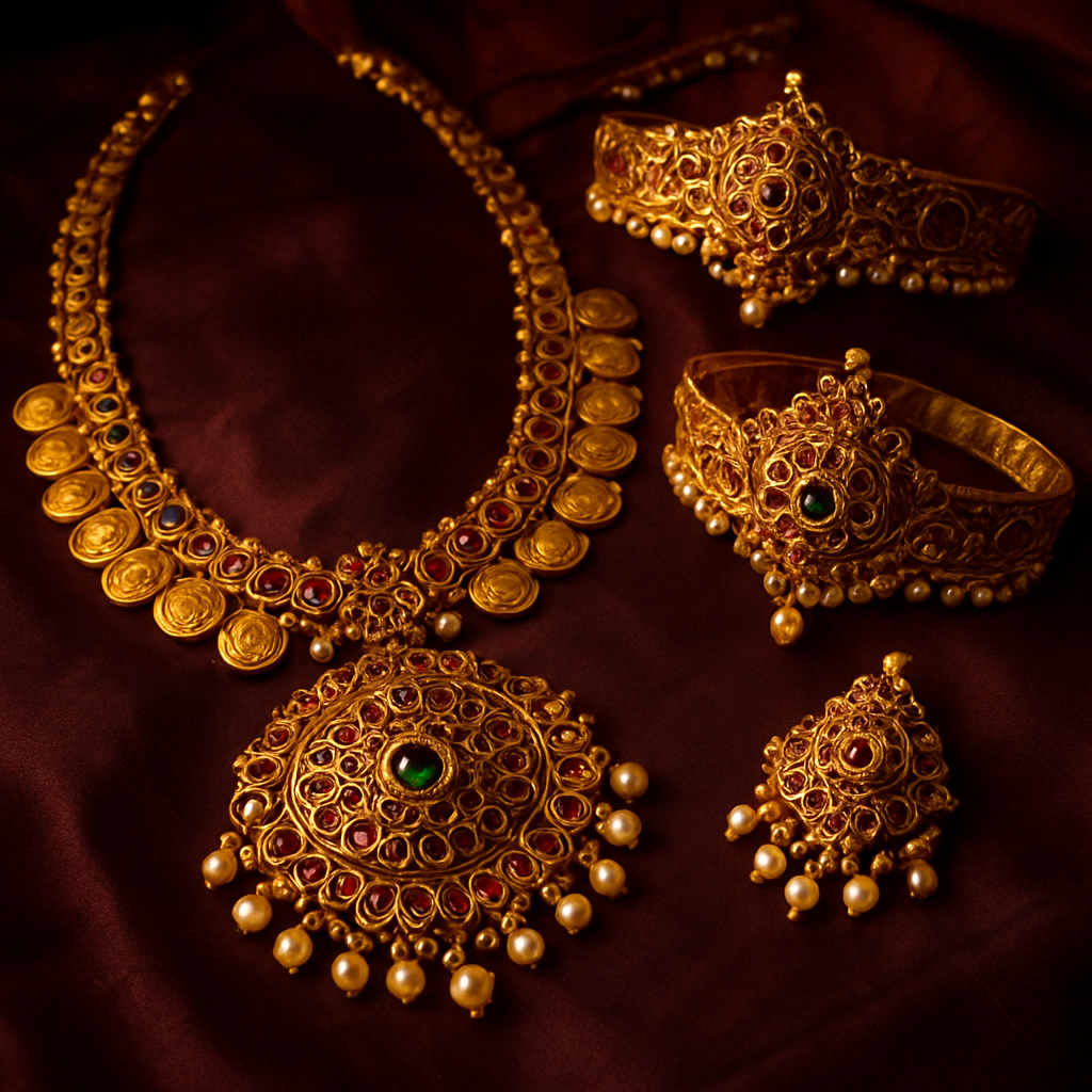An arrangement of gold and kemp-stone temple jewelry