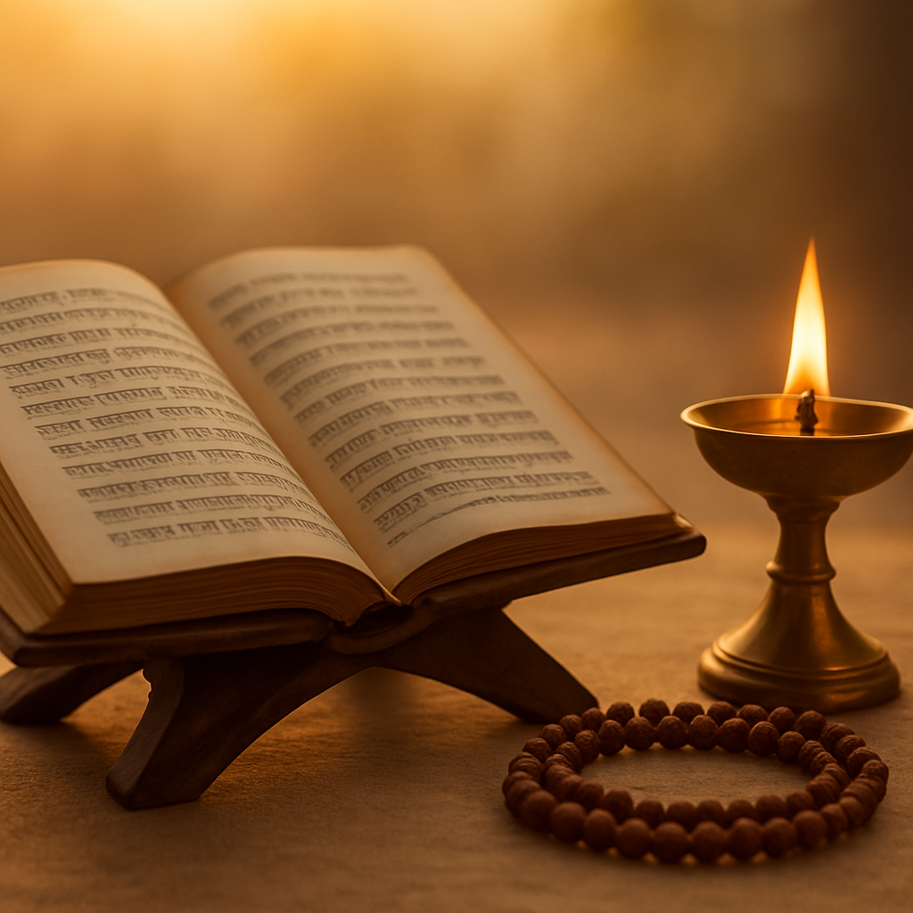 A Sanskrit prayer book and mala lit by a lamp at dawn