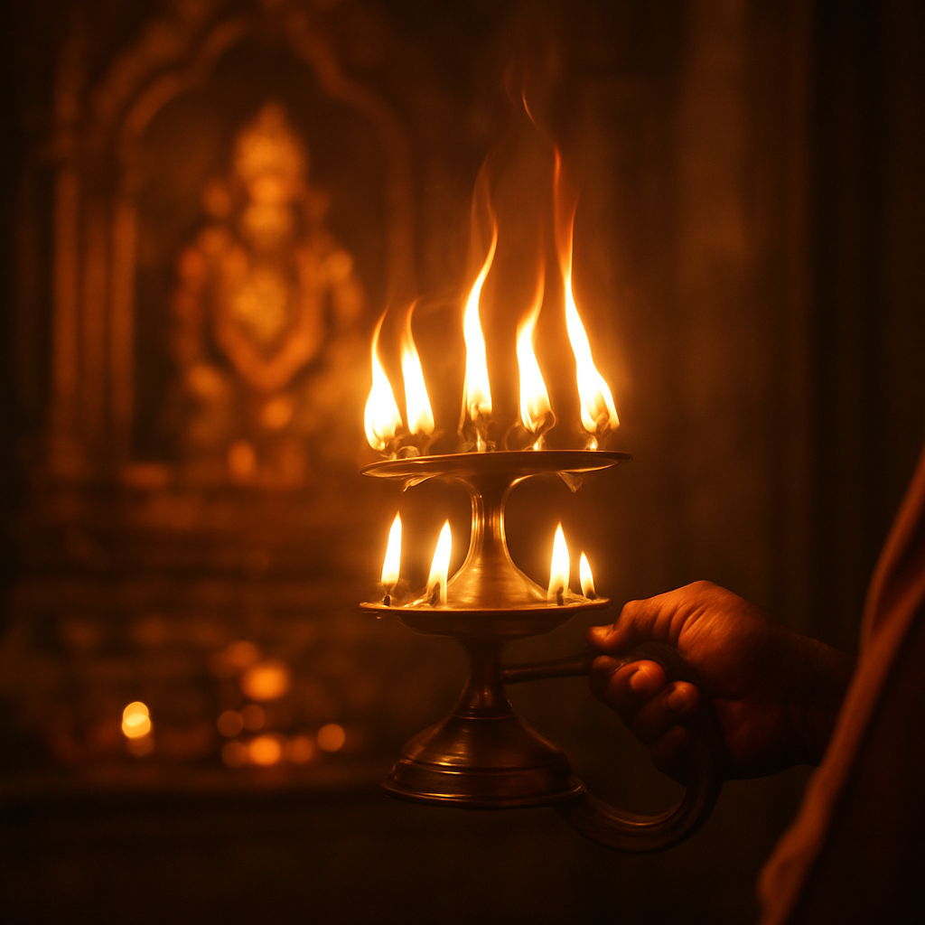 Performing aarti with a lit lamp before the deity