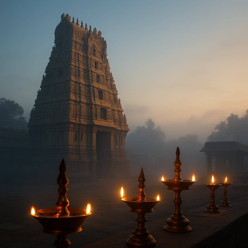 Dawn over a temple, the hour of the Suprabhatam