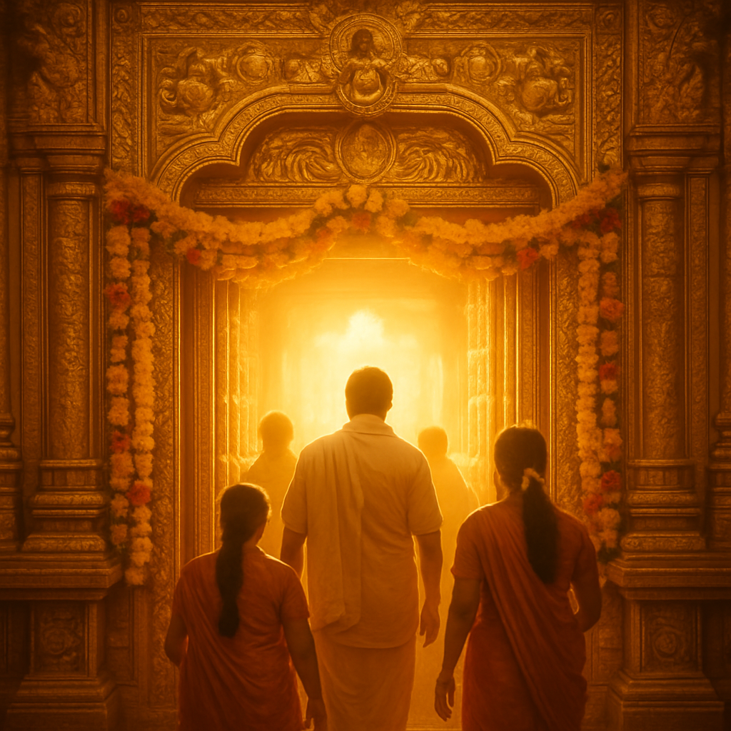 The Vaikuntha Dwaram, the gate of heaven, glowing with light