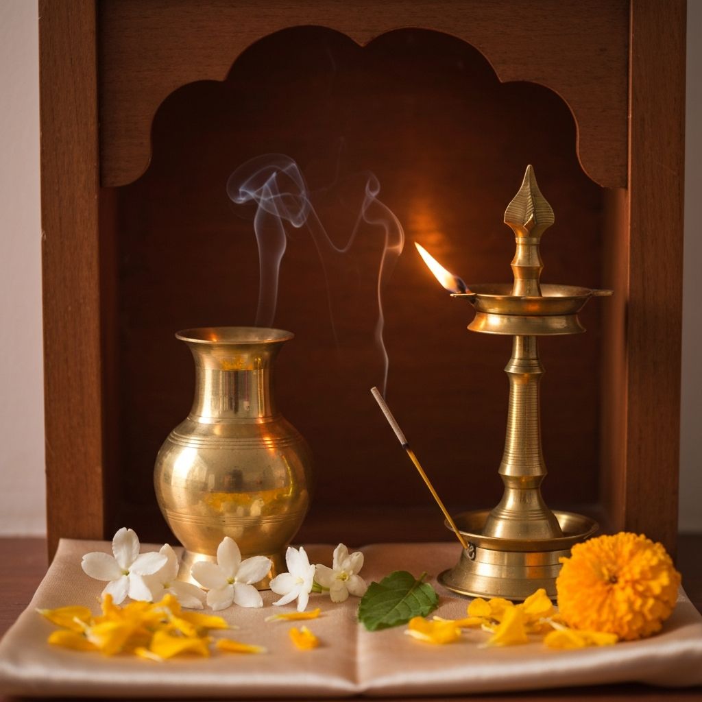 A traditional brass lamp beside sacred offerings