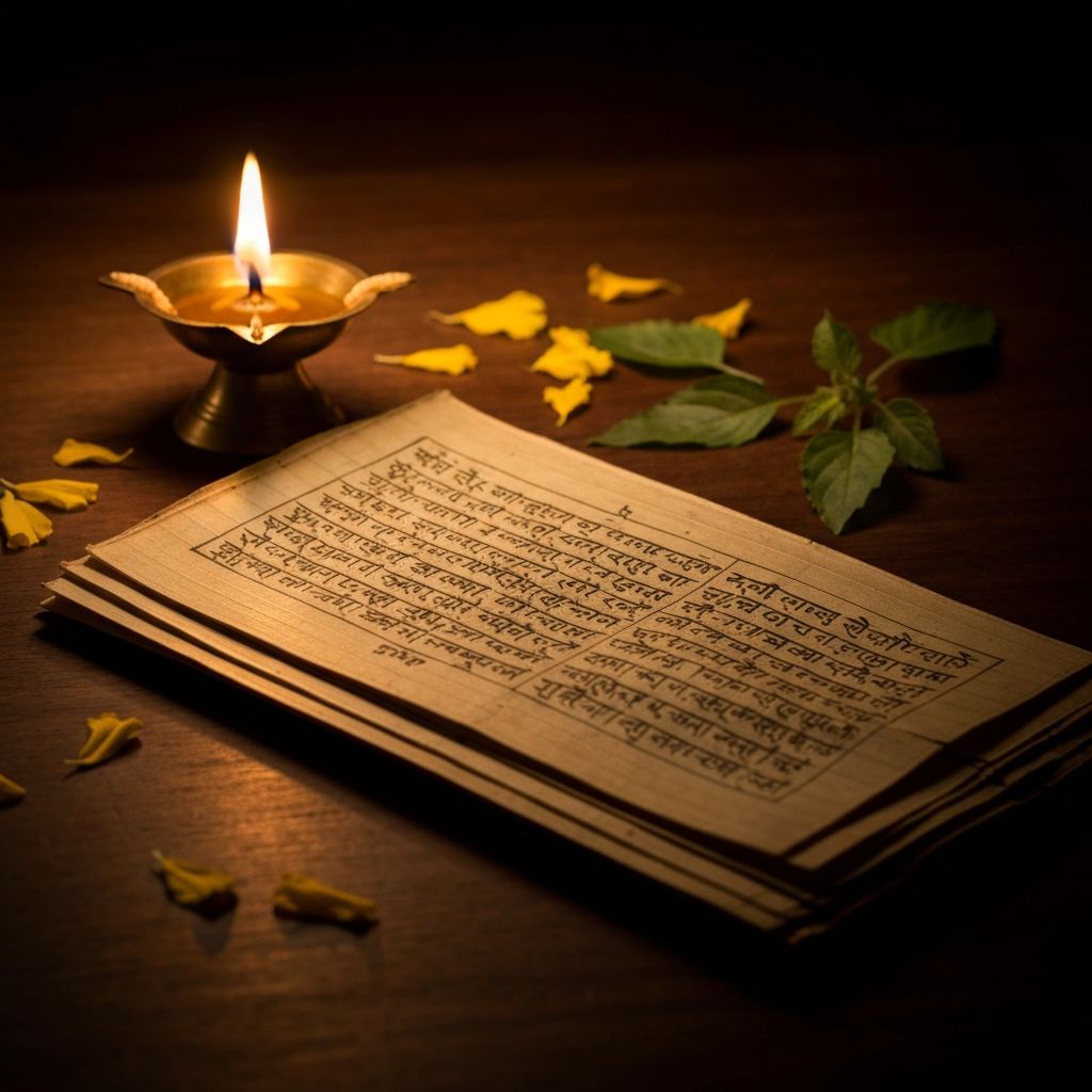 பித்தளை விளக்கின் அருகே பழமையான சம்ஸ்கிருத ஓலைச்சுவடி